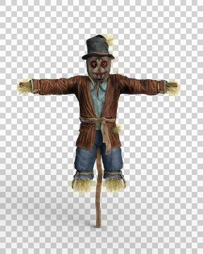 3D rendering of a straw filled scarecrow on a wooden stake isolated on a tran Stock Illustration