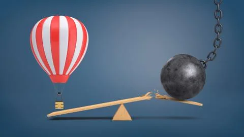 3d rendering of a striped air balloon hovers at a wooden seesaw overweighing a Stock Illustration