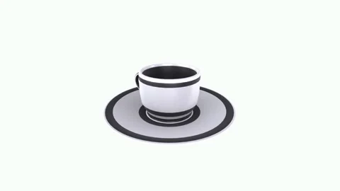 3D rendering of a striped coffee cup on a sleek circular saucer 스톡 동영상 303859608