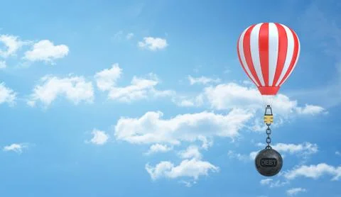 3d rendering of a striped hot air balloon flies in the sky weighted down by a Stock Illustration