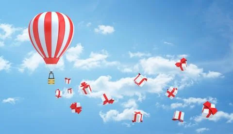 3d rendering of a striped red and white hot air balloon flies in the sky leaving Stock Illustration