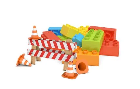 3d rendering of a striped roadblock sign beside several traffic cones standing Stock Illustration