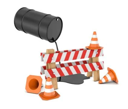 3d rendering of a striped roadblock sign beside several traffic cones and a Stock-Illustration