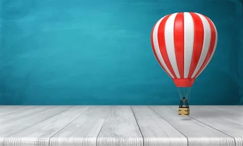3d rendering of a striped white and red hot air balloon hanging over a wooden Stock Illustration