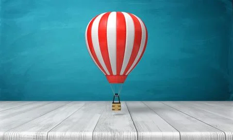 3d rendering of a striped white and red hot air balloon hanging over a wooden Stock-Illustration