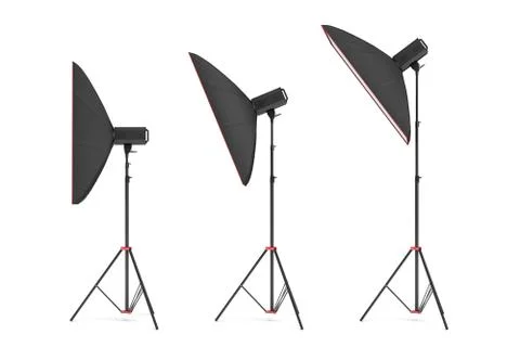 3d rendering of studio flash with big size softboxes stands turned down in Stock Illustration