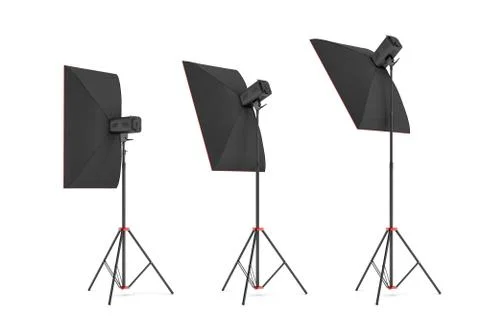 3d rendering of studio flash with big size softboxes stands turned down in Illustration