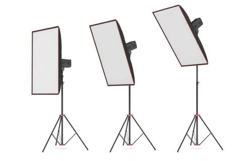 3d rendering of studio flash with big size softboxes stands turned down in Stock Illustration