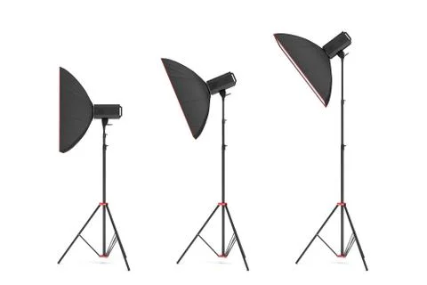 3d rendering of studio flash with small size softboxes stands turned down in Stock Illustration