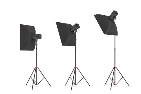 3d rendering of studio flash with small size softboxes stands turned down in Stock Illustration