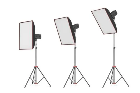 3d rendering of studio flash with small size softboxes stands turned down in Stock Illustration