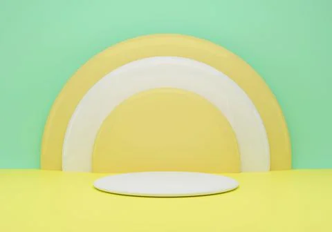 3d rendering studio with geometric shapes, podium on the floor. Platforms for Stock Illustration