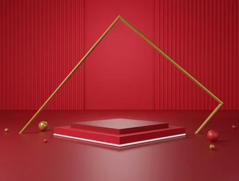 3d rendering studio with geometric shapes, modern red. Platforms for product Stock Illustration