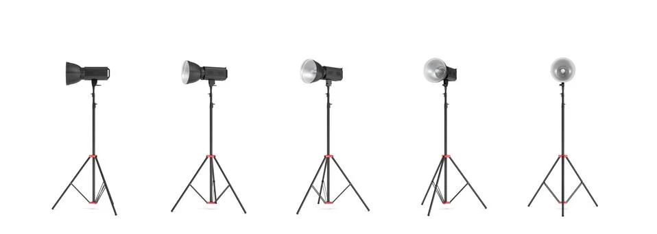 3d rendering of a studio photo flash with reflector stand in different angles. 스톡 일러스트