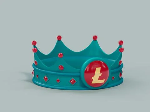 A 3D rendering of a stylized royalty crown with a LITECOIN coin symbol; crypt Ilustración de archivo