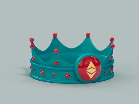 A 3D rendering of a stylized royalty crown with an ETHERUM coin symbol; crypt Ilustración de archivo