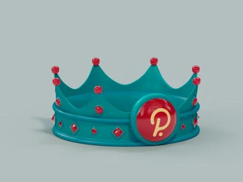 A 3D rendering of a stylized royalty crown with a POLKADOT coin symbol; crypt Ilustración de archivo
