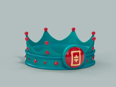 A 3D rendering of a stylized royalty crown with a THETA coin symbol; cryptocu Stock Illustration