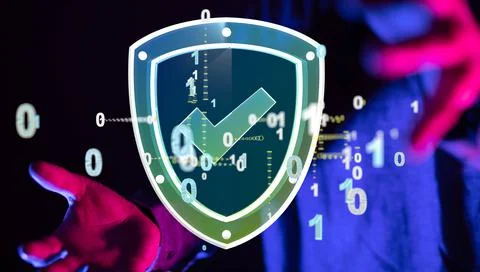 A 3d rendering of a successful digital network cybersecurity concept in bits  Foto stock