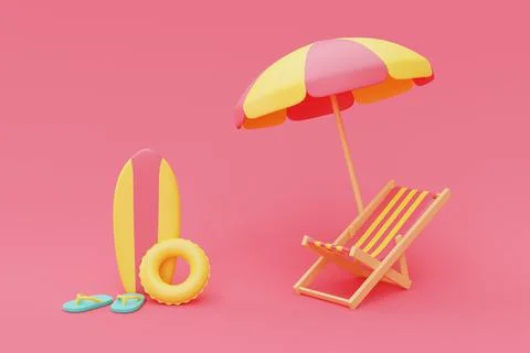 3d rendering of summer vacation concept with beach chair and umbrella,summer  Stock Illustration