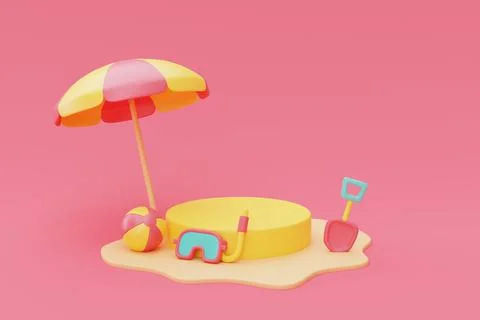3d rendering of summer vacation concept with beach umbrella and summer elemen Stock Illustration