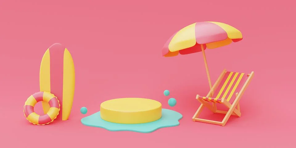 3d rendering of summer vacation concept with beach chair and umbrella,summer  Stock Illustration