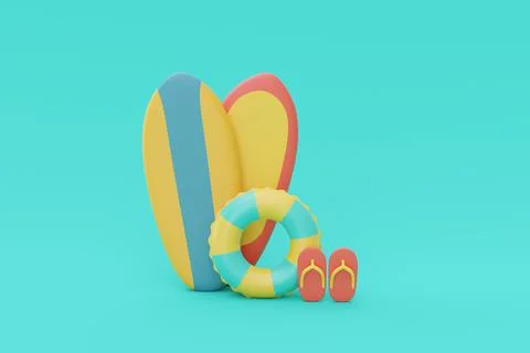 3d rendering of summer vacation concept with Surfboard and summer elements,mi Stock Illustration