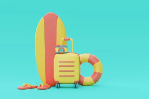 3d rendering of summer vacation concept with suitcase and summer elements,min Stock Illustration