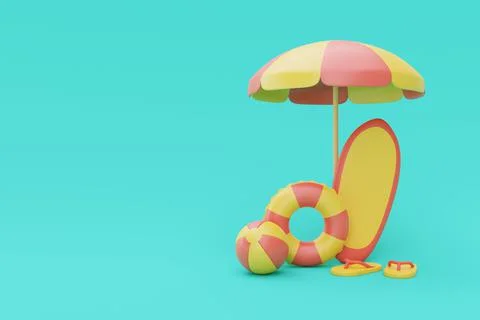 3d rendering of summer vacation concept with Surfboard and summer elements,mi Stock Illustration