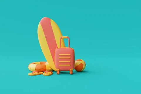3d rendering of summer vacation concept with suitcase and colorfull summer el Stock Illustration