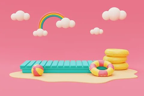 3d rendering of summer vacation concept ,Blue mock up display with Inflatable Stock Illustration