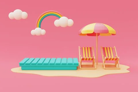 3d rendering of summer vacation concept ,Blue mock up display with beach chai Stock Illustration