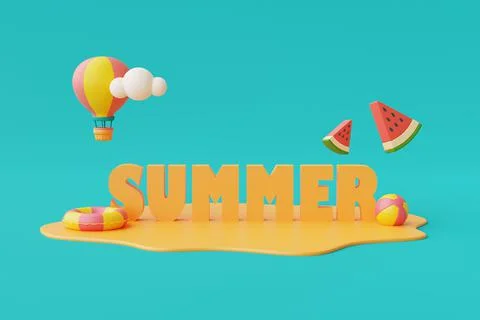 3d rendering of summer vacation concept with colorfull summer elements,minima Stock Illustration