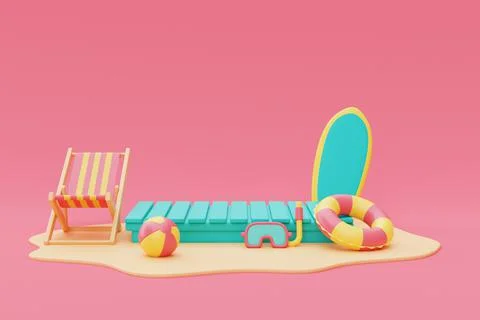 3d rendering of summer vacation concept ,Blue mock up display with beach chai Stock Illustration