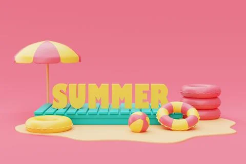 3d rendering of summer vacation concept with colorfull summer elements,minima Stock Illustration