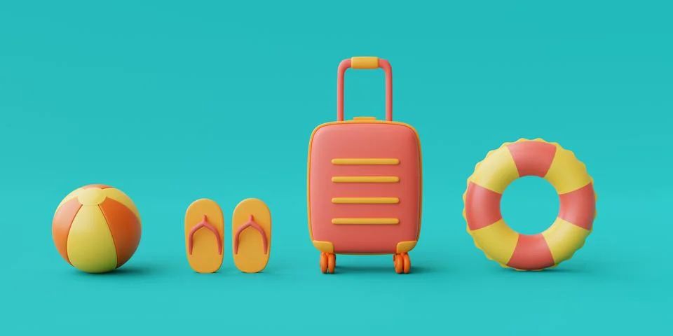3d rendering of summer vacation concept with suitcase and colorfull summer el Stock Illustration