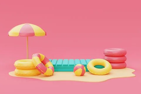 3d rendering of summer vacation concept ,Blue mock up display with Inflatable Stock Illustration