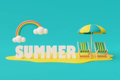3d rendering of summer vacation concept with colorfull summer elements,minima Stock Illustration