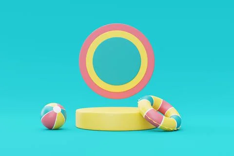 3d rendering of Summer vacation concept,colorful podium display with summer e Stock Illustration