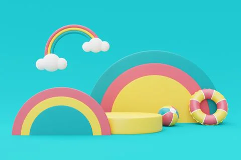 3d rendering of Summer vacation concept,colorful podium display with summer e Stock Illustration