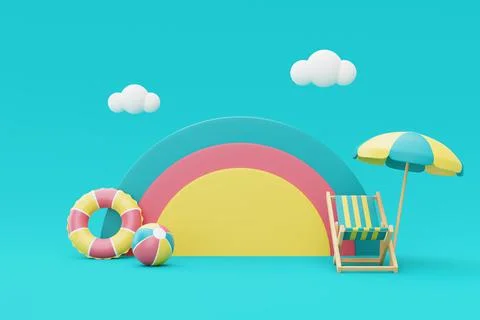 3d rendering of Summer vacation concept,colorful podium display with summer e Stock Illustration