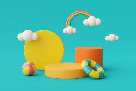 3d rendering of Summer vacation concept,colorfull podium display with summer  Stock Illustration