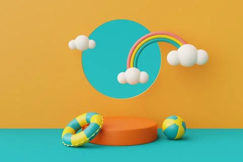 3d rendering of Summer vacation concept,colorfull podium display with hot air Stock Illustration