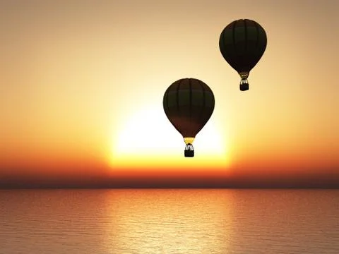 3D rendering of sunset with hot air balloons in silhouette. Stock Illustration