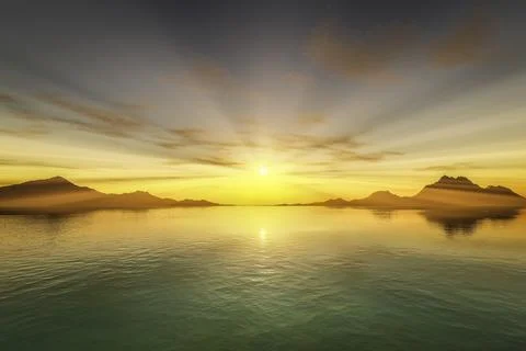 3d rendering of a sunset over the ocean Stock Illustration