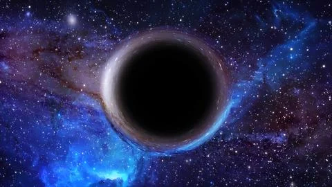 3D rendering of a supermassive black hole against a starry sky Stock Illustration