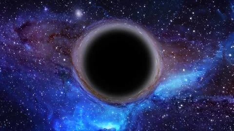 3D rendering of a supermassive black hole against a starry sky 스톡 일러스트
