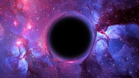 3D rendering of a supermassive black hole against a starry sky Stock Illustration