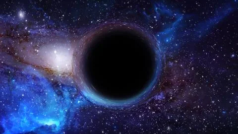 3D rendering of a supermassive black hole against a starry sky Illustrazione stock