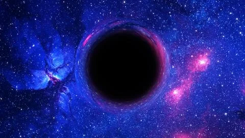 3D rendering of a supermassive black hole against a starry sky 스톡 일러스트